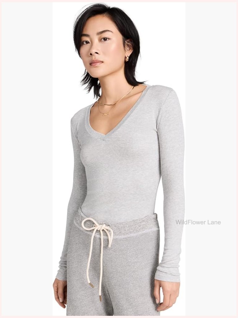 V-Neck Tee Long Sleeve Ribbed Jersey Relaxed Fit Modal Spandex